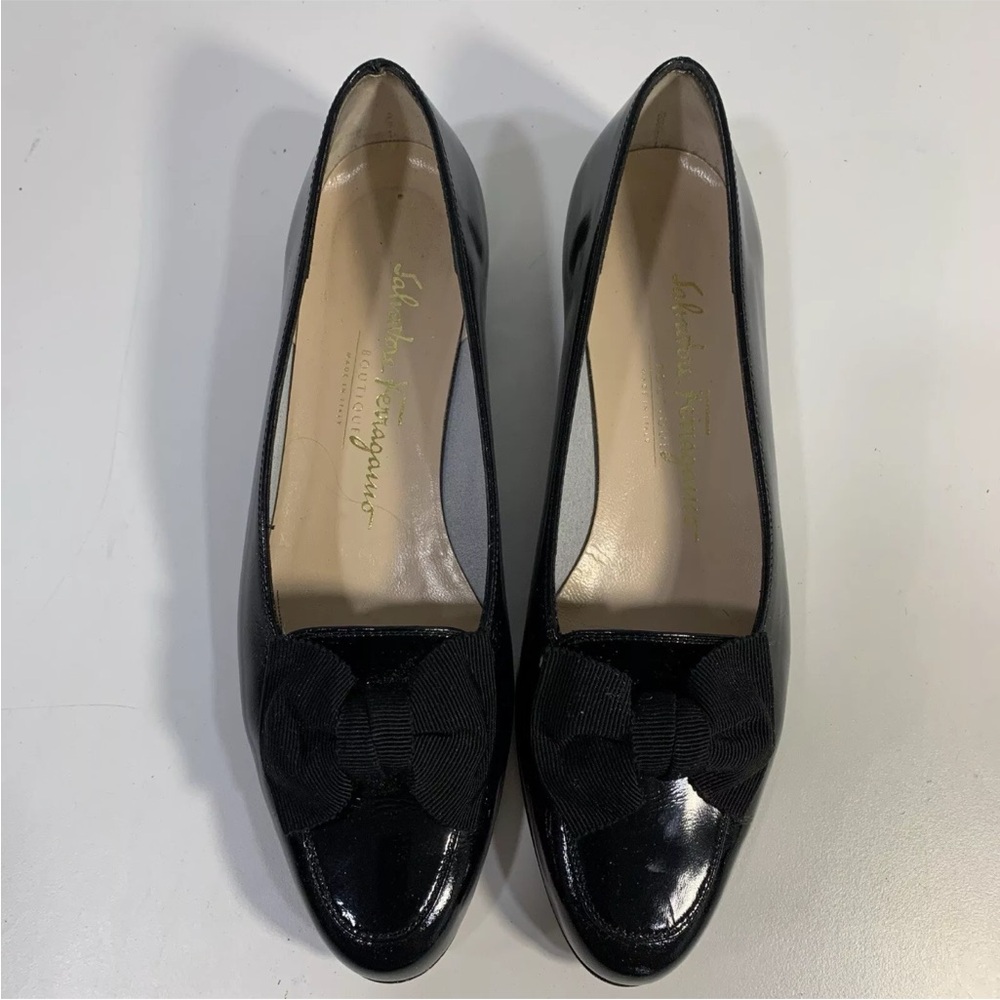 Salvatore Ferragamo Flats Women's 6.5 Ballet Black Patent Bow Leather Slip On